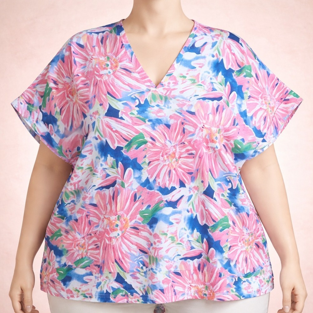 Plus Sized  2x Pink Floral Casual Lightweight Summer ResortWear Top Beach Island